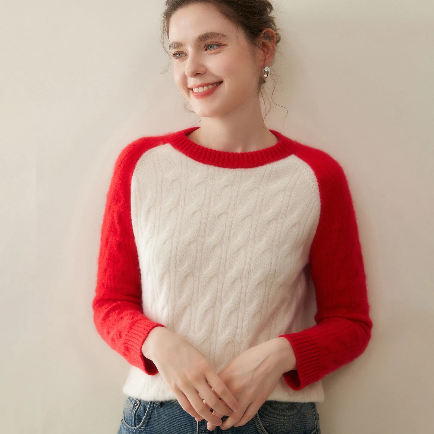 Women Pure Cashmere Sweater Twist Flower O-Neck Pullover Autumn Winter 100% Cashmere Knitwear Color Blocking Thick Knitting Tops