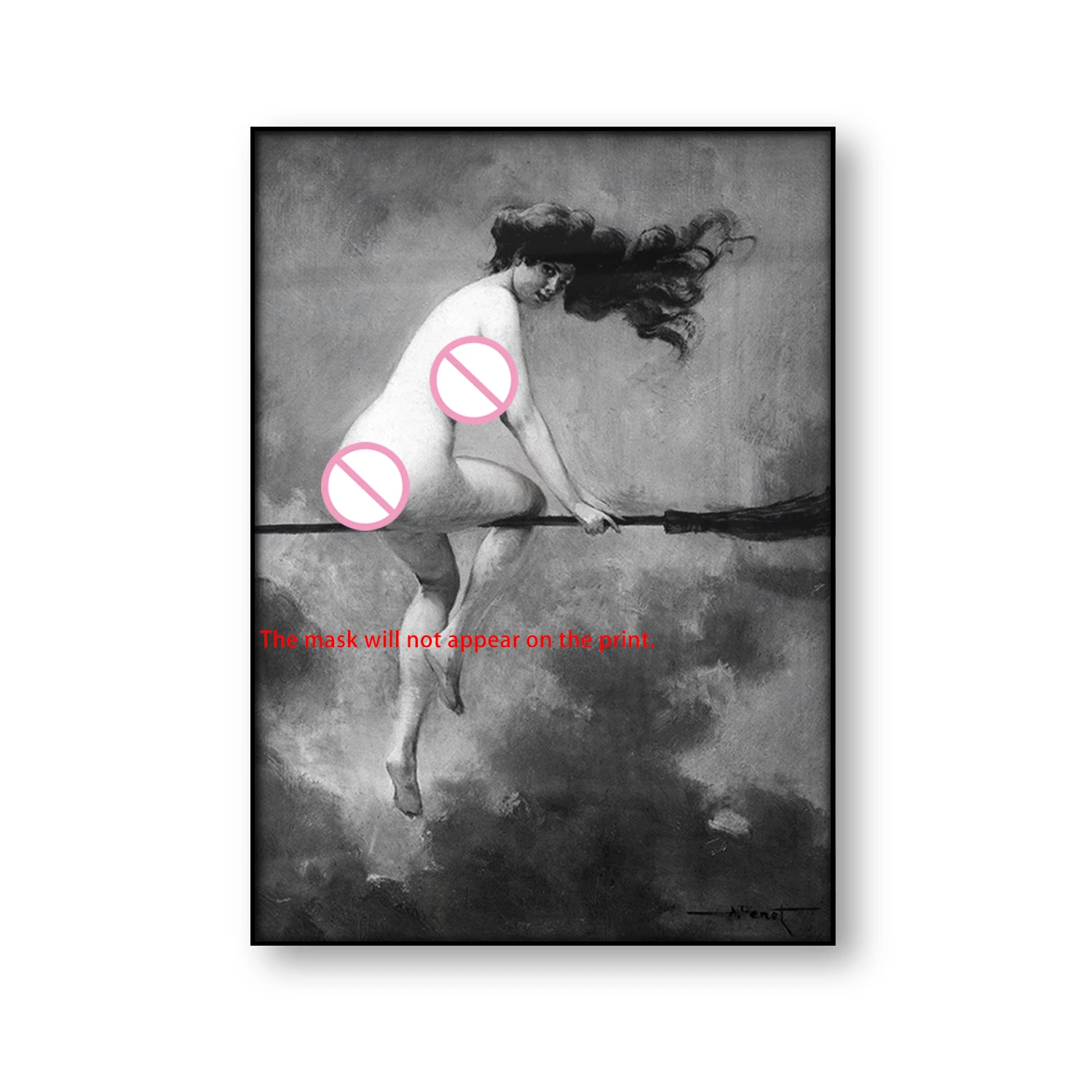 Witch Riding Broomstick Vintage Poster Wall Art Canvas Print Witch Broom Gothic Occult Halloween Antique Black White Painting