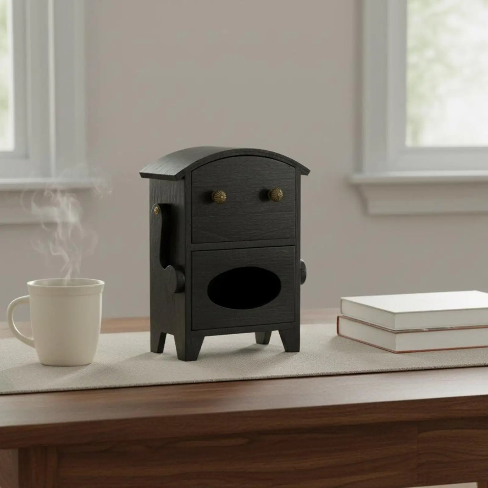 Wood Tissue Box Holder Cute Robot Face with Movable Arms for Living Room Hotel Restaurant Napkin Dispenser