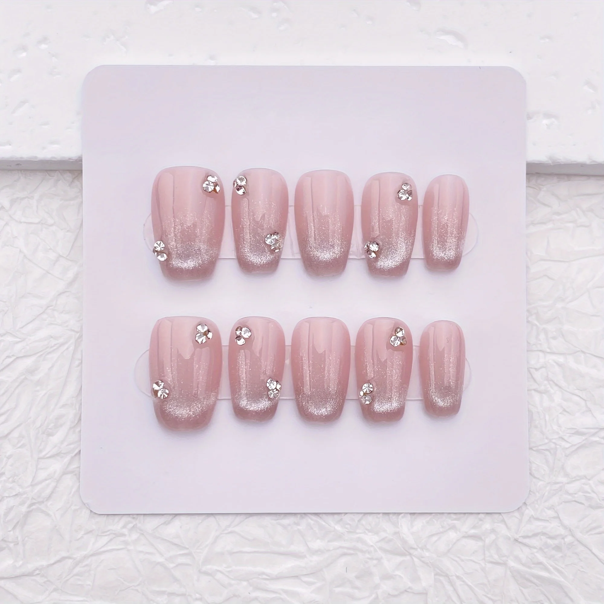 10pcs Handmade Press On Nails,Cat Eye Light Pink Glossy Short Press on Nails/Rhinestones Glitter Short Nila/Handmade Faux Trendy