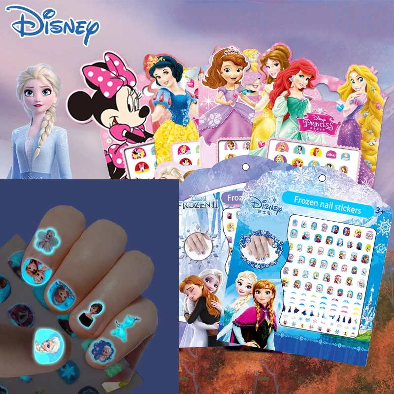 1pcs Disney Princess Luminous Nail Stickers Frozen Elsa Bell Minnie Mouse Winnie The Pooh Glow in Dark Nail Stickers Girl Gifts