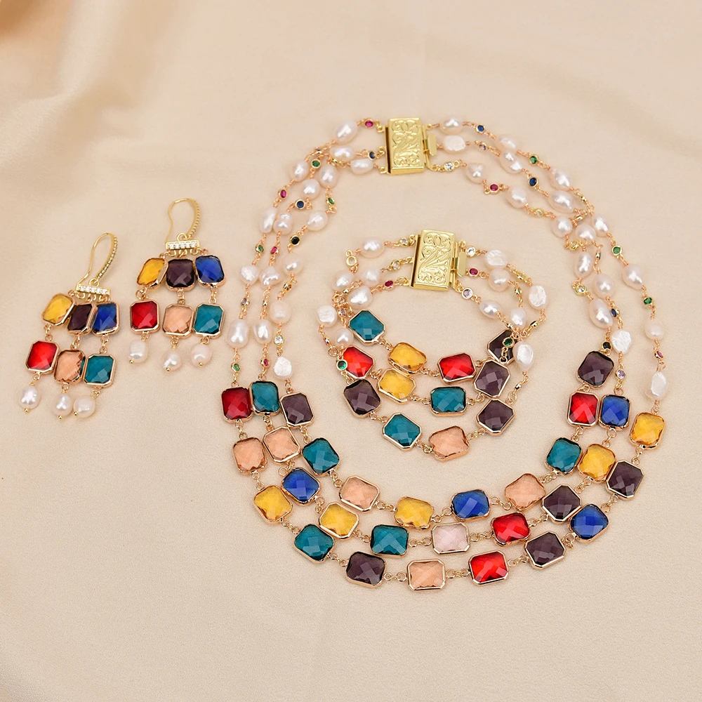 

GG 3-рядная натуральная белая жемчужина Кеши, разноцветное ожерелье с кристаллами, браслет, серьги, комплекты ювелирных изделий