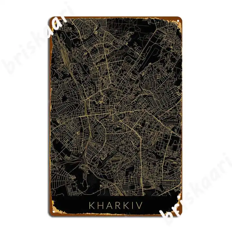 Kharkiv Map Black Gold Metal Sign Club Retro Club Bar Plates Tin Sign Poster