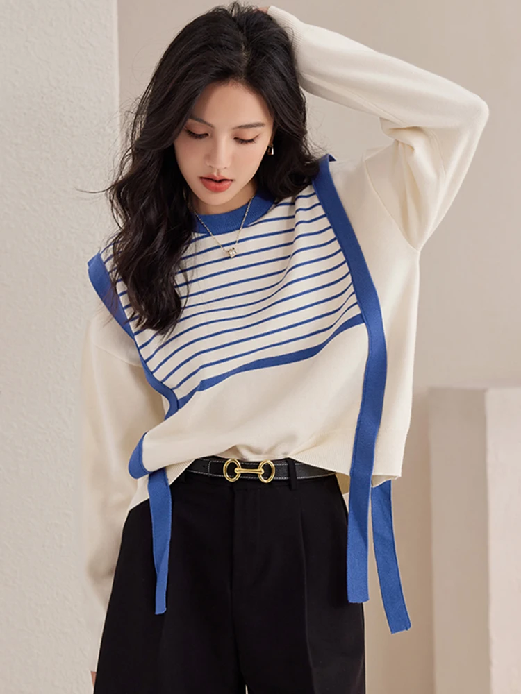 

Women Striped Fake Two-piece Knitted Sweaters Autumn Design Sense Niche Korean Soft Glutinous Pullover Sweater