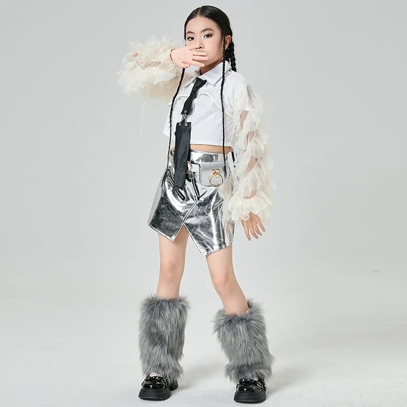 Jazz Dance Kostüm Für Mädchen K-pop Stages Kleidung Weißes Hemd Silbrig Leder Rock Anzug Street Dance Performance Kleidung XH2757