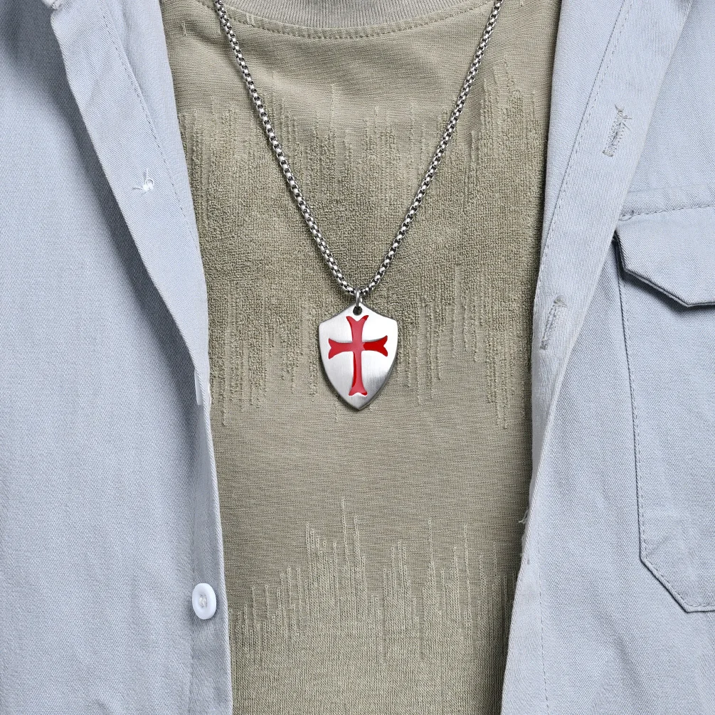 Men's Retro Cross Expeditionary Force Shield Stainless Steel Necklace Party Jewelry