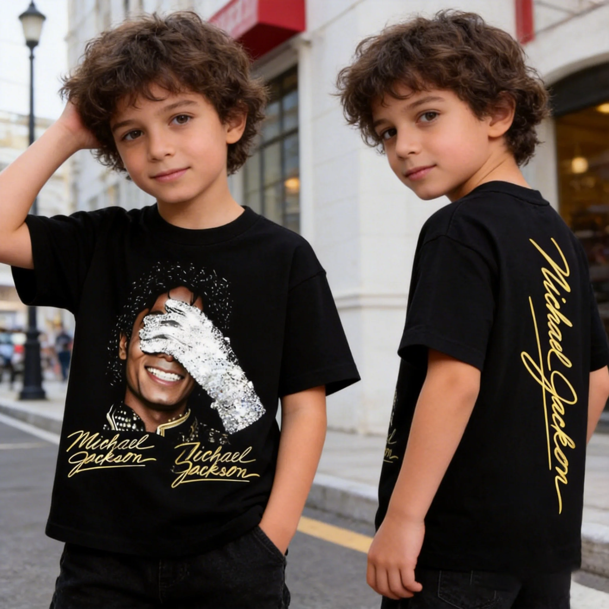 MJ Michael Jackson Portrait & Gold Signature T-Shirt Baumwoll-Grafik-T-Shirt Herrenbekleidung Damen Sommer Streetwear T-Shirt