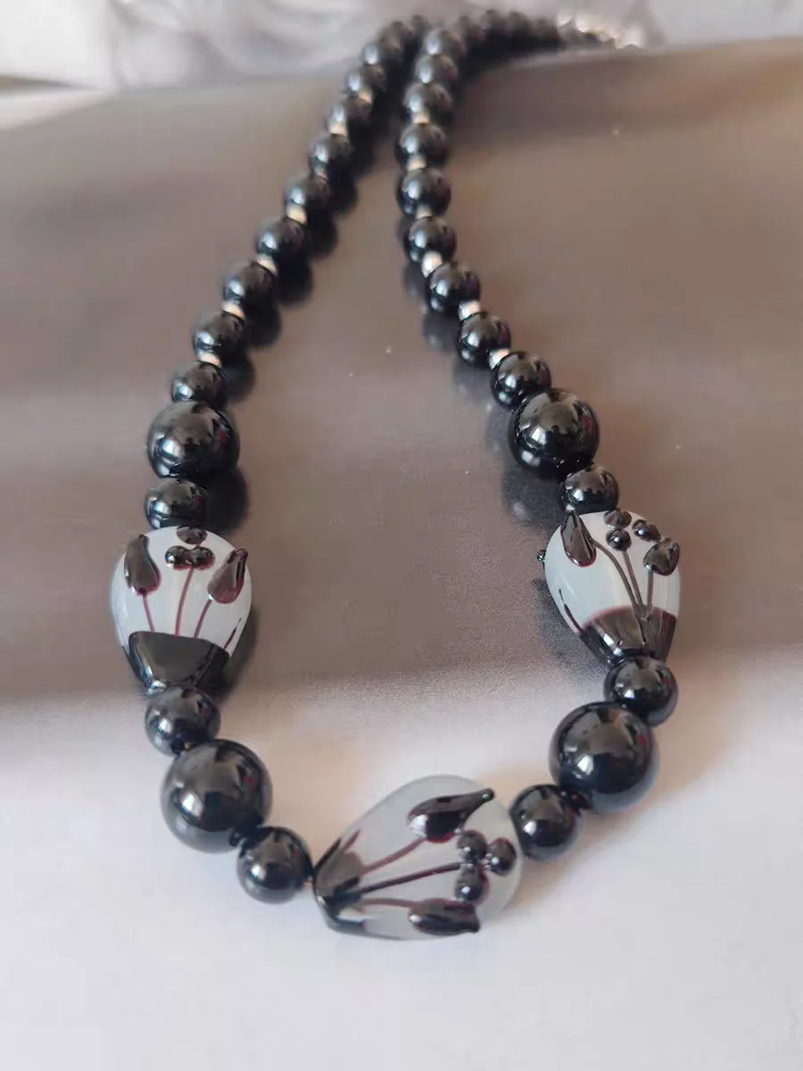 New Vintage Handmade Murano Lampwork Glass Black Tulip Beads Chain Necklace Jewelry