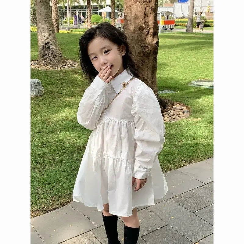 Girl Dress White Dress Spring 2024 New Cotton Solid Full Fashion Shirt Turn Down Collar Midi Dress Princess