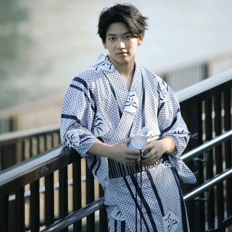 

Japanese Traditional Samurai Kimono For Men Yukata Bathing Robe Hekoobi Loose Style Sauna Wear Homewear Belt Long Gown Cotton