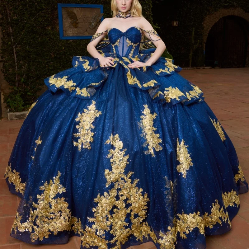 

Dark Blue Quinceanera Dresses Off the Shoulder Golden Glitter Flower Decal Long tail Bow Vestido De 15 Quinceanera Customize