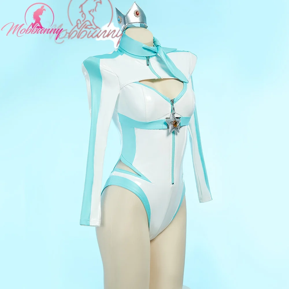 MOBBUNNY Women Princess Derivative Lingerie Racing Suit Striped Cutout Bodysuit with Crown Gloves Cosplay Costume