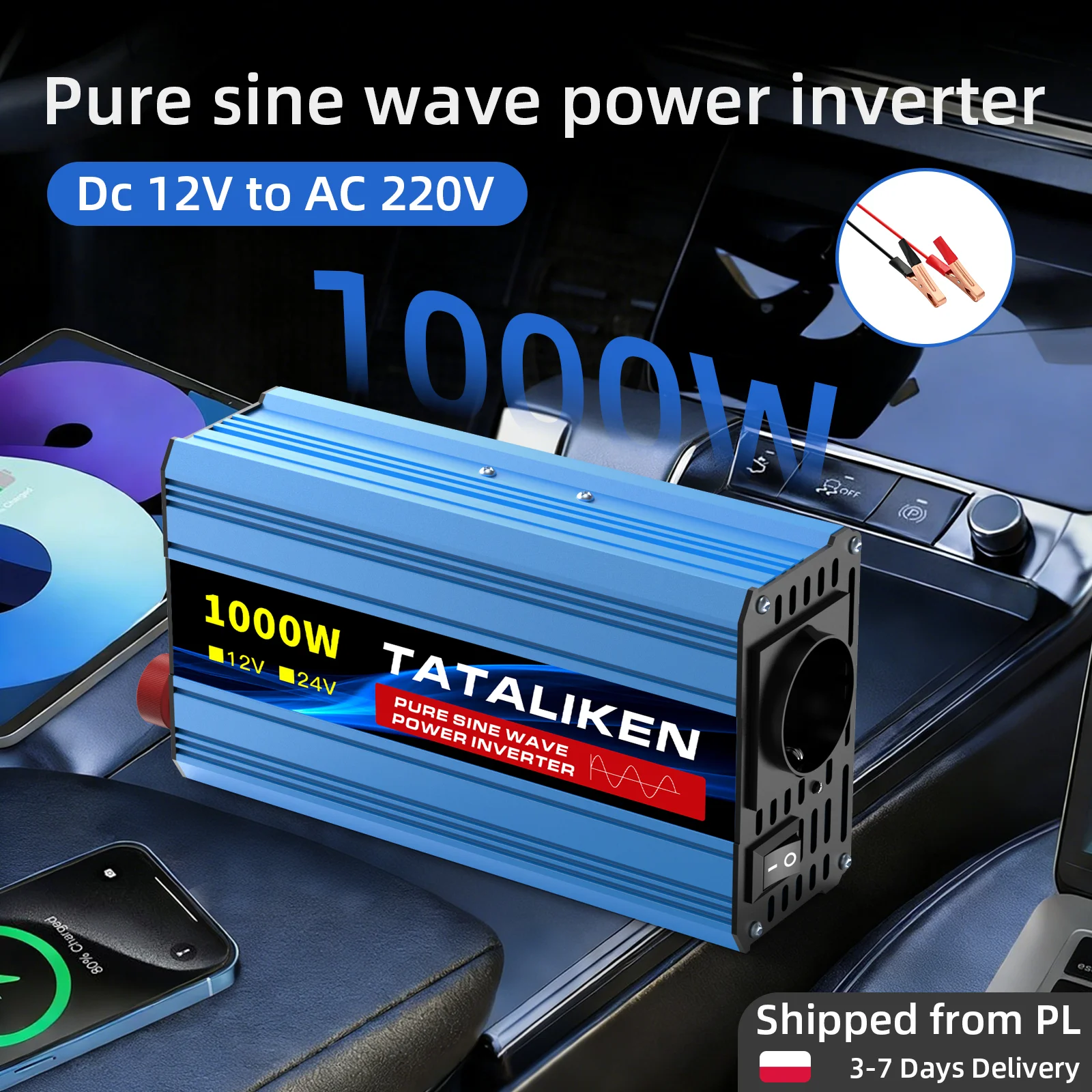 Inversor de Corriente para Automóvil de 4000W de Potencia Máxima, Convertidor de 12V DC a 220V AC con Enchufe Europeo y Pantalla Digital, Control Inteligente de Temperatura con Refrigeración