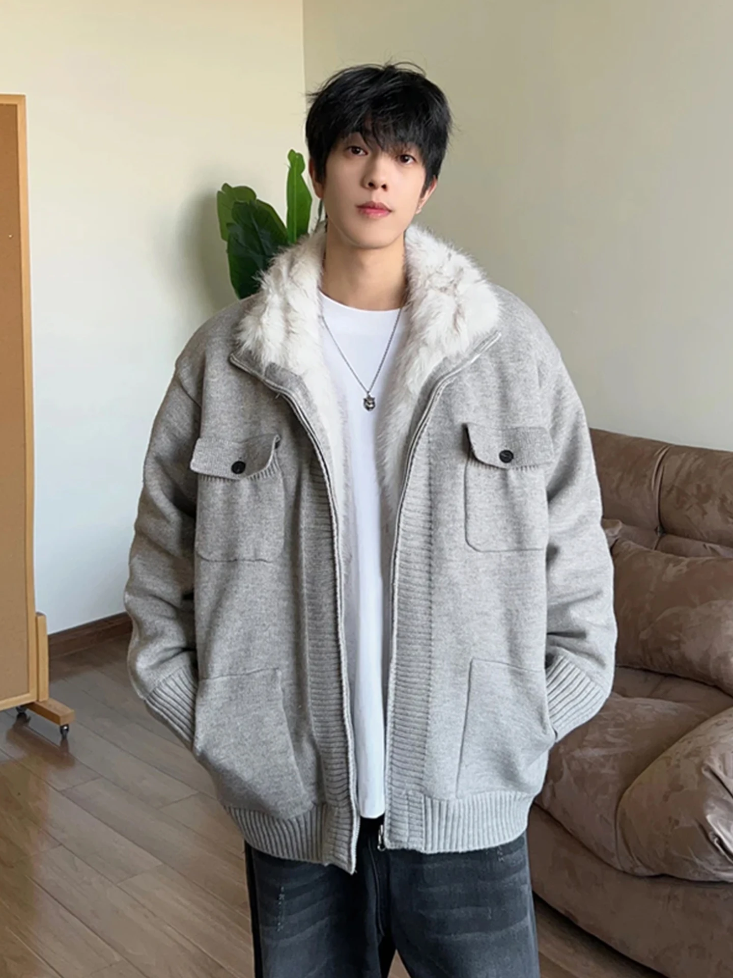 

Heavyweight Plu High Collar Knitted Sweater Coat Men's Winter American Retro Fce Lined Warm Cotton Jaet Outerwear