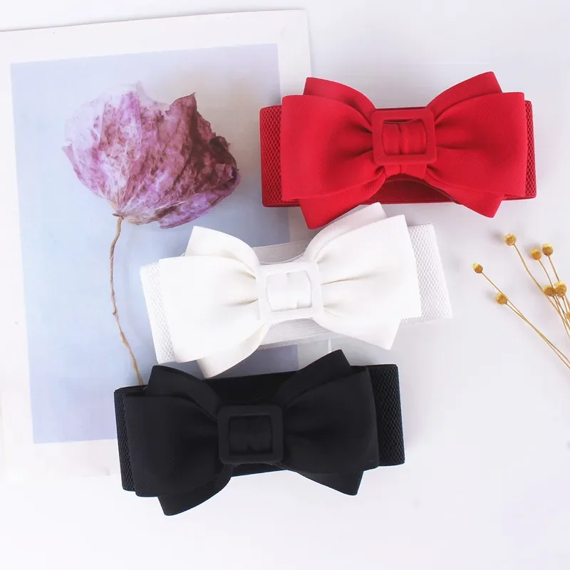 Cloth Fabric Bowknot Elastic Wide Belts for Women Dresses Canvas Belt Girdle Corset Waist Seal Stretch Waistband Accessories