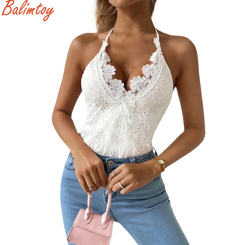 Nieuwe dames kanten patchwork halter romper jumpsuit slim fit hoge taille sexy casual mode jumpsuit