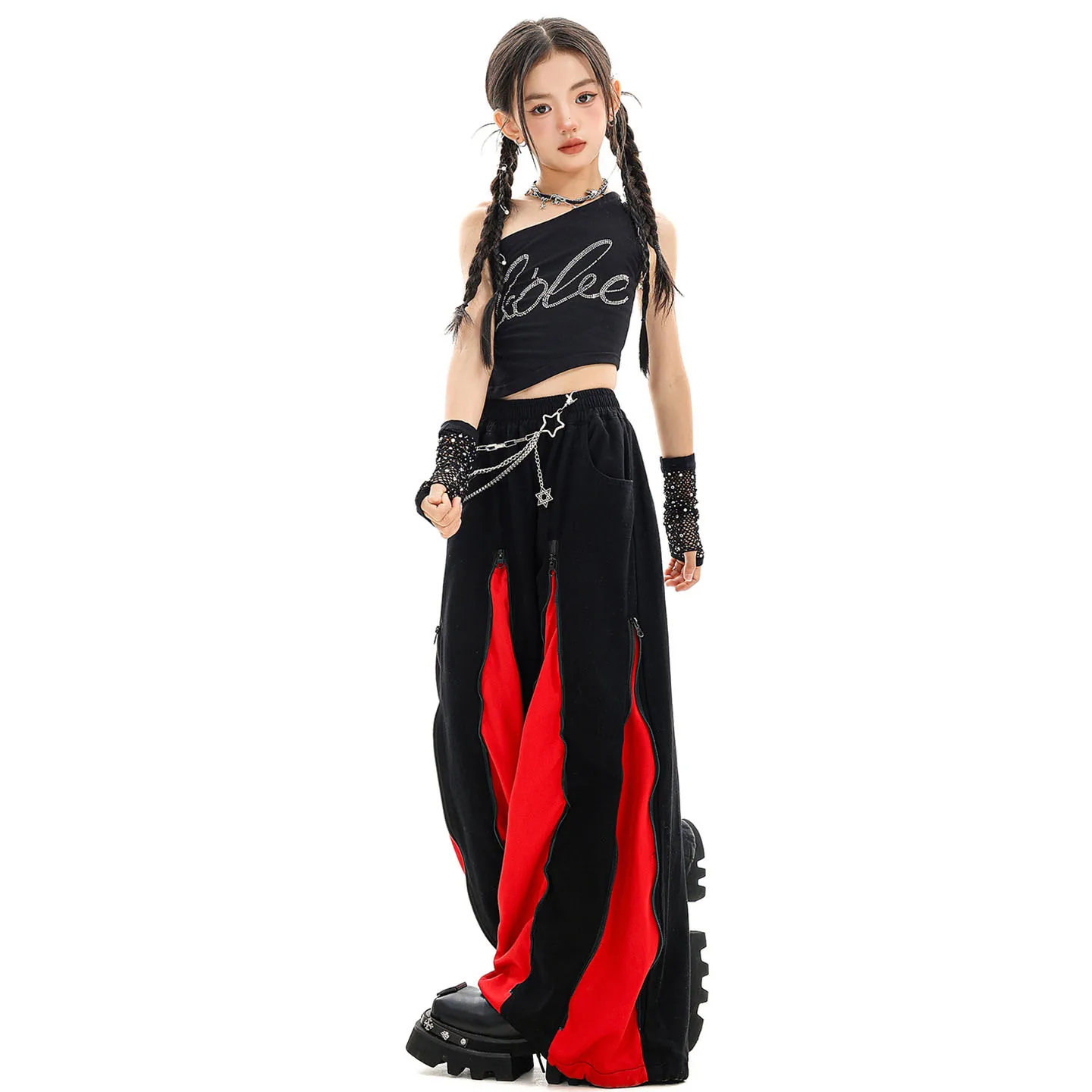 

Kid Kpop Hip Hop Clothing Black One Shoulder Stone Crop Tank Top Red Casual Zipper Wide Leg Pants for Girl Dance Costume Clothes