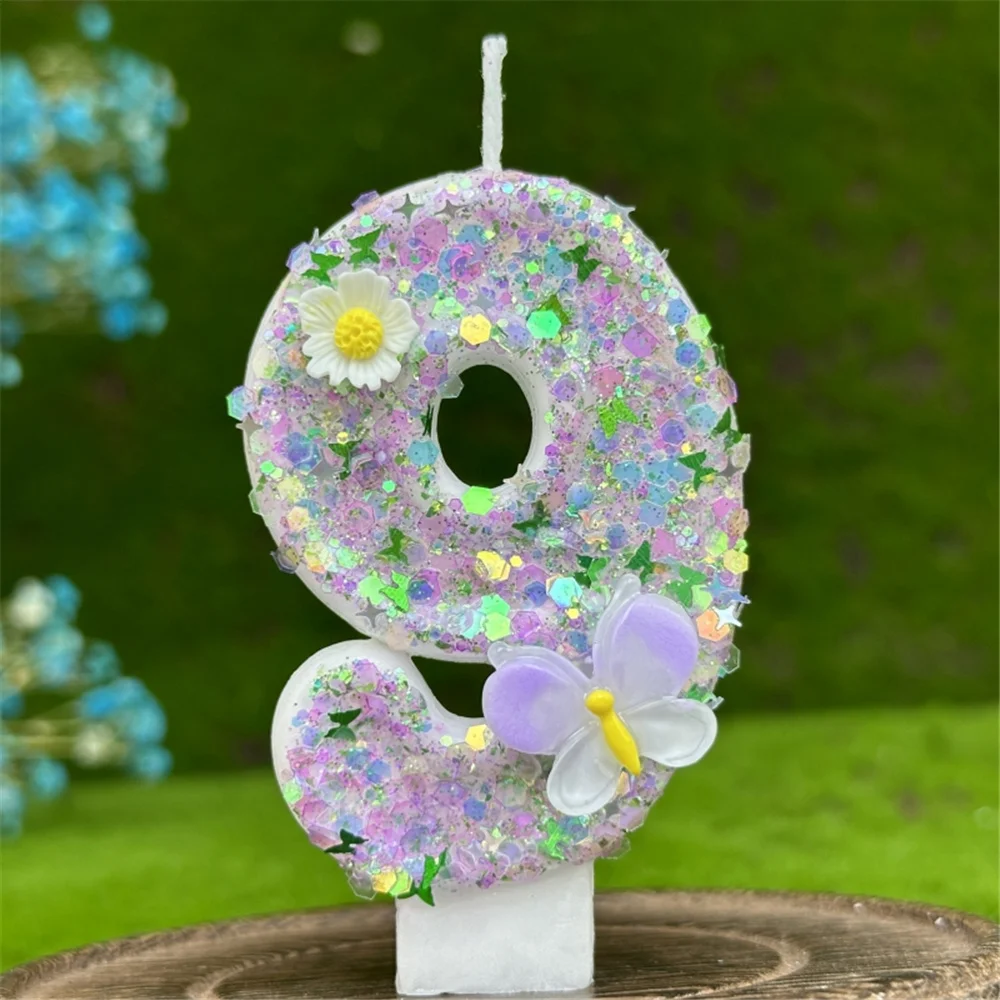 Happy Birthday Cake Decorations Number Candles Colorful Flower Butterfly Candles Pale Purple Shiny 3D Digital Candles For Party