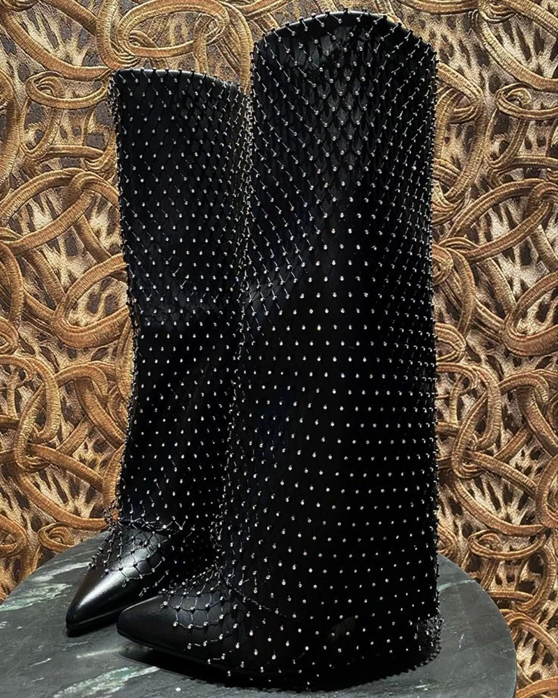 Black Leather Crystal Shark Boots Women Sexy Pointed Toe High Heels Bling Glitter Knee High Boot Luxury Designer Shoes