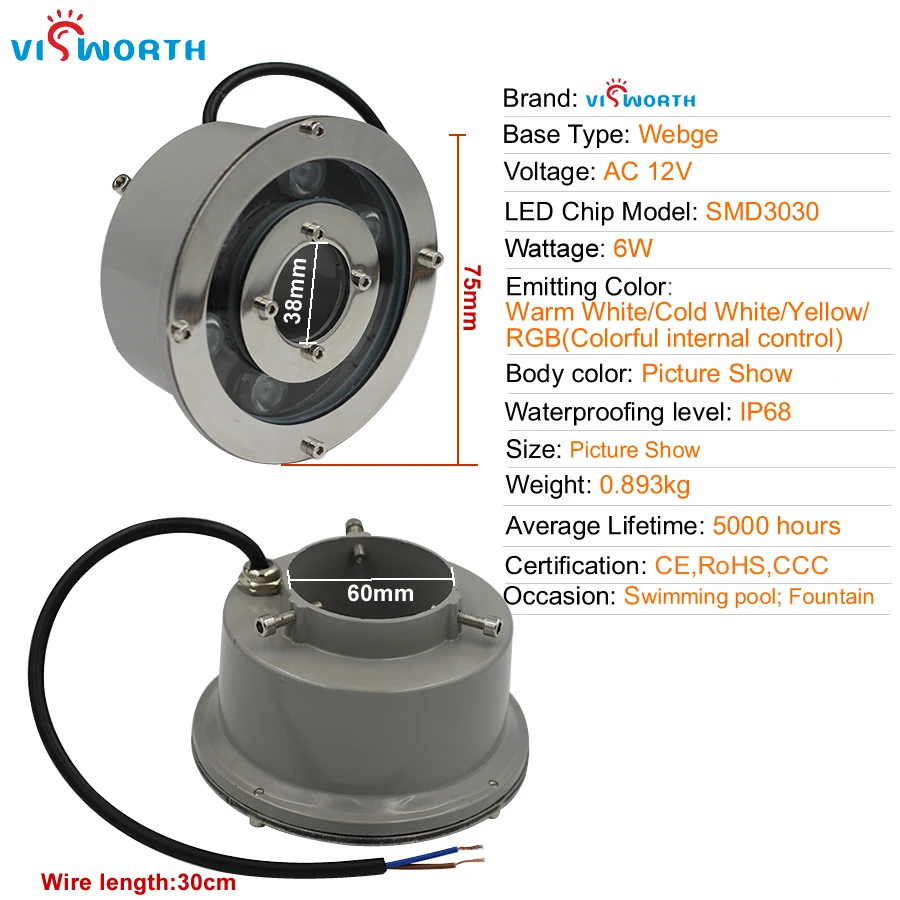 Ip68 Waterproof Underwater Led Light 6W Ac 12V Warm White Cold White RGB Fountain Lamp Aluminum Body Pool Light