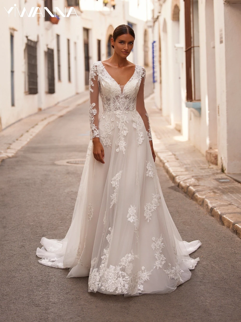 Vestido De novia largo con escote en V profundo y Espalda descubierta, Apliques De encaje clásico con traje De novia, elegante, Sexy