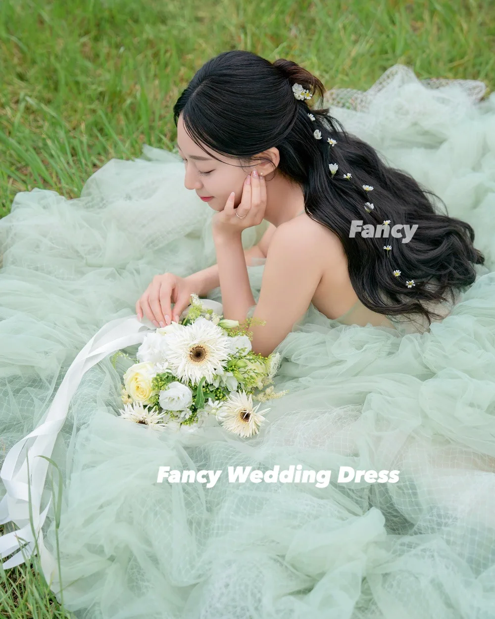 فستان زفاف vFancy الأميرة الأخضر كوريا صورة تبادل لاطلاق النار ألف خط السباغيتي الأشرطة ثوب الزفاف لينة تول الظهر مشد مخصص