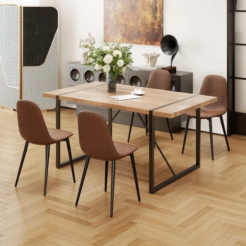 

Kitchen Dining Table 5 Piece Set, Modern Rectangular Solid Wood Dining Table, Fabric Dining Chairs 4 Pieces