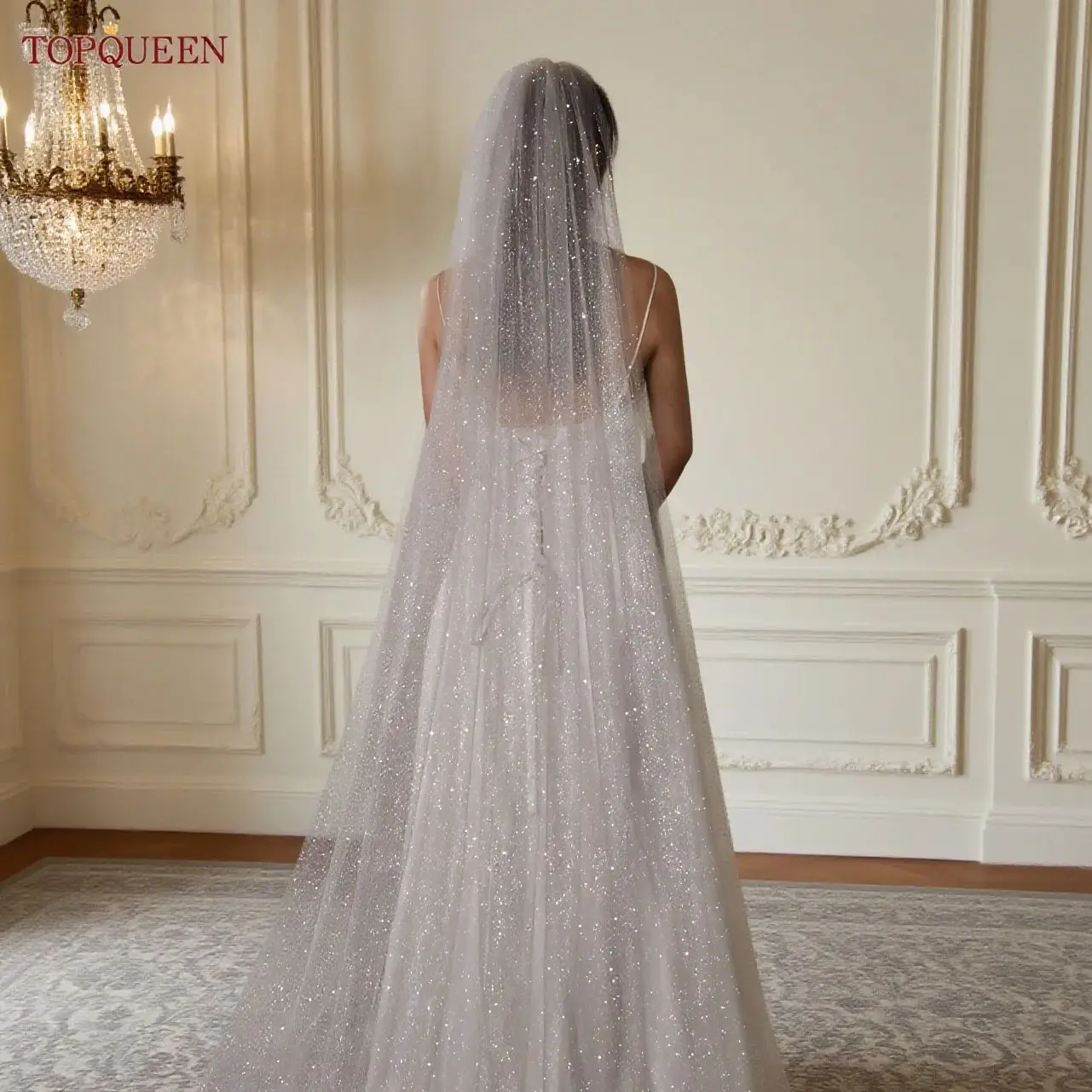 TOPQUEEN V101 Wedding Veil Glitter Veil Shiny Bridal Veil Blingbling Cathedral Wedding Veil Wedding Accessories Customizable