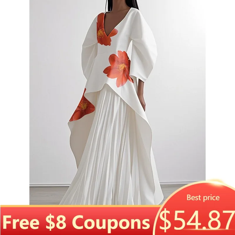 

Tinaa Deep V-neck Elegant Dresses for Woman 2025 Spring Autumn A-line Print Pleated Three Quarter Sleeve Female Max Dress 186084