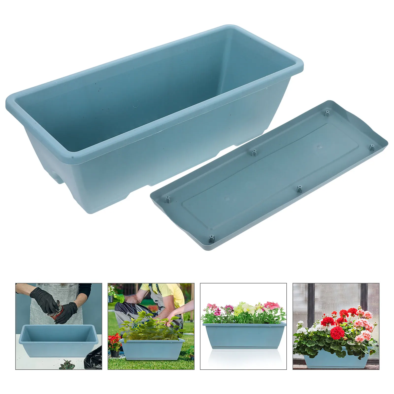 

2 Sets Rectangular Resin Flower Planting Pot Vegetable Growing Container With Tray Lightweight Durable For Indoor Outdoor Garden