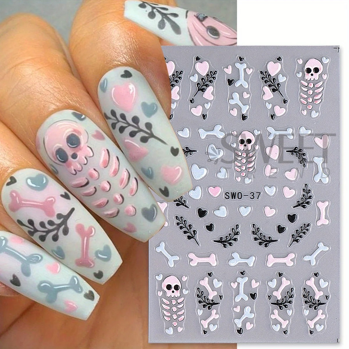 3 stuks zwart skelet vlinder nagelstickers gothic bot spinnenweb clown biljart kersen ontwerp halloween charme stickers manicure