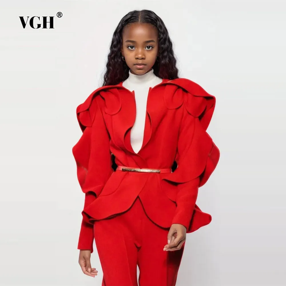 

VGH Solid Patchwork Bowknot Tunic Blazers For Women V Neck Long Sleeve Spliced Tierred Minimalist Slimming Blazer Female Style