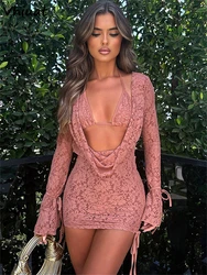 Vhiuat Casual Beach Holiday Halter Y2K Long Sleeve Hollow Out Dress Autumn 2024 See Though Party Evening Night Club Dress Outfit