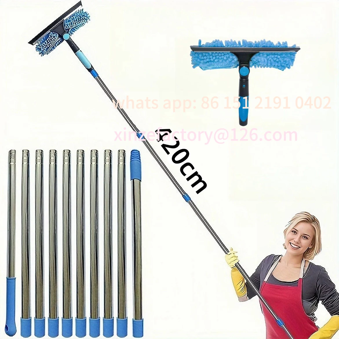 Customizable Window Cleaning Kit 2 in 1 Double Sided Glass Squeegee Cleaner Duster Mop Swivel Window Cleaning Tool