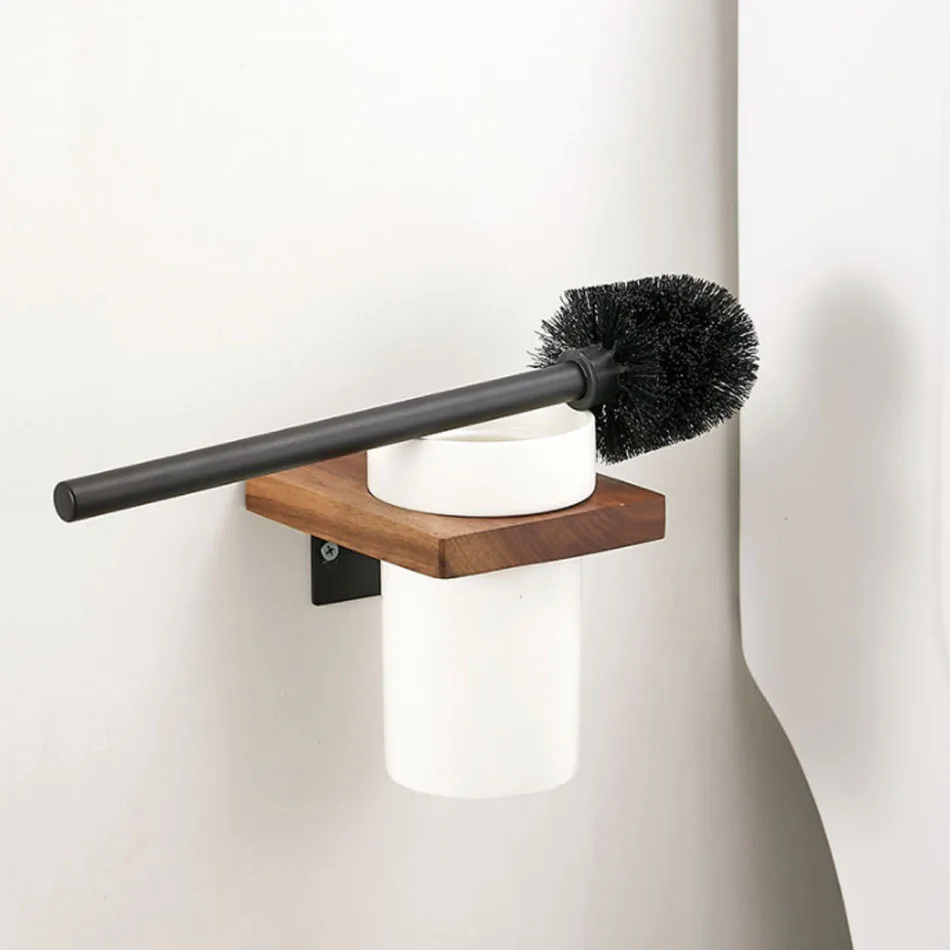 

Black Toilet Brush Holder Set Wood Aluminum Wall Mounted Antique Lavatory Bathroom Durable Ceramic Cup WC Brush Rack Shelf Kit