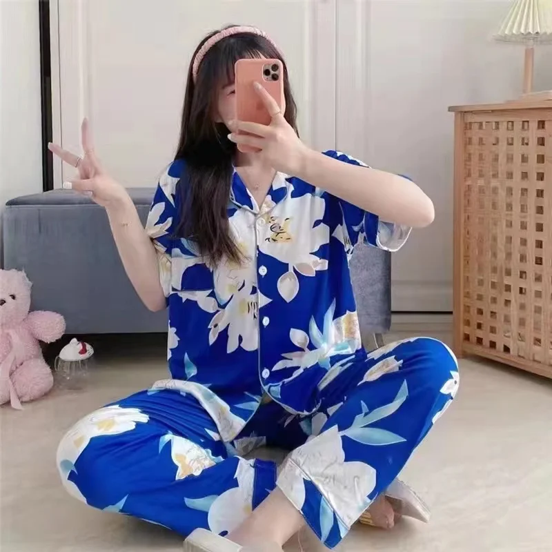Spring and summer milk silk pajamas women's short sleeved trousers home wear 2024 new large print casual lovely sweet suit