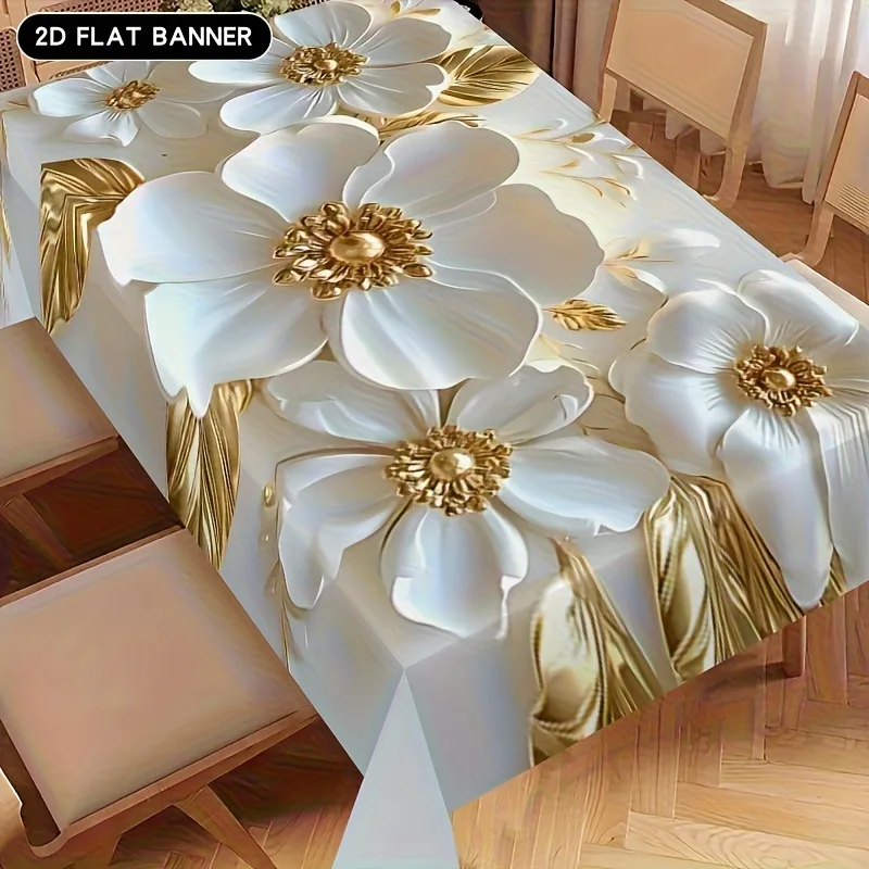 

Gold White Floral Tablecloth, Luxury Rectangle Table Cover, Round Dining Instagram Aesthetic, Waterproof Home Decor