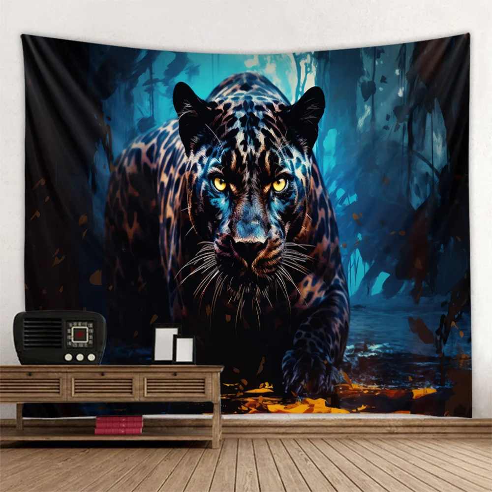 Room Decoration Animal Tapestry - Cheetah in the Jungle at Night, Home Office Party Wall Mounted Polyester Background Poster