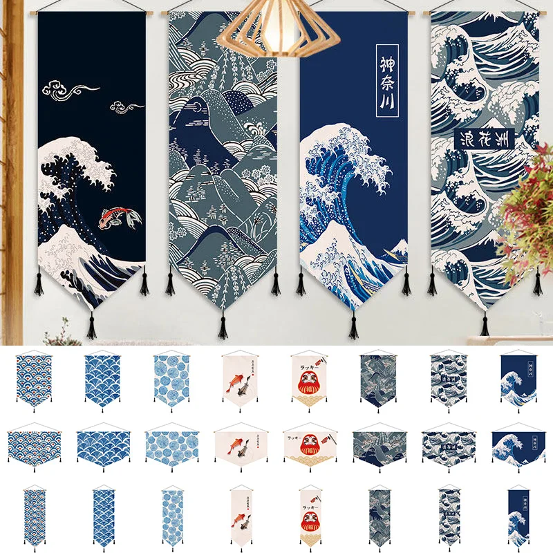 45x120cm Japanese Ukiyo-e Fabric Tapestry Wall Hanging Aesthetic Room Decor for Sushi Restaurant & Bedroom Headboard Background