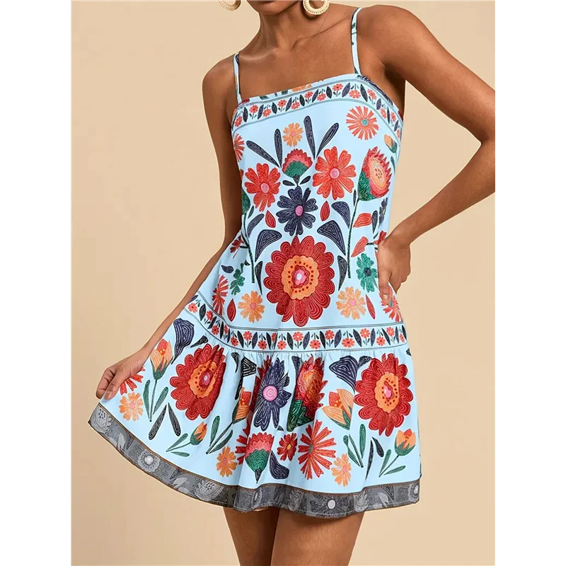 【SEE】Vestito da donna floreale Boho Flowy Mini Cami- Abito con volant e cinturino per spaghetti Abiti da vacanza