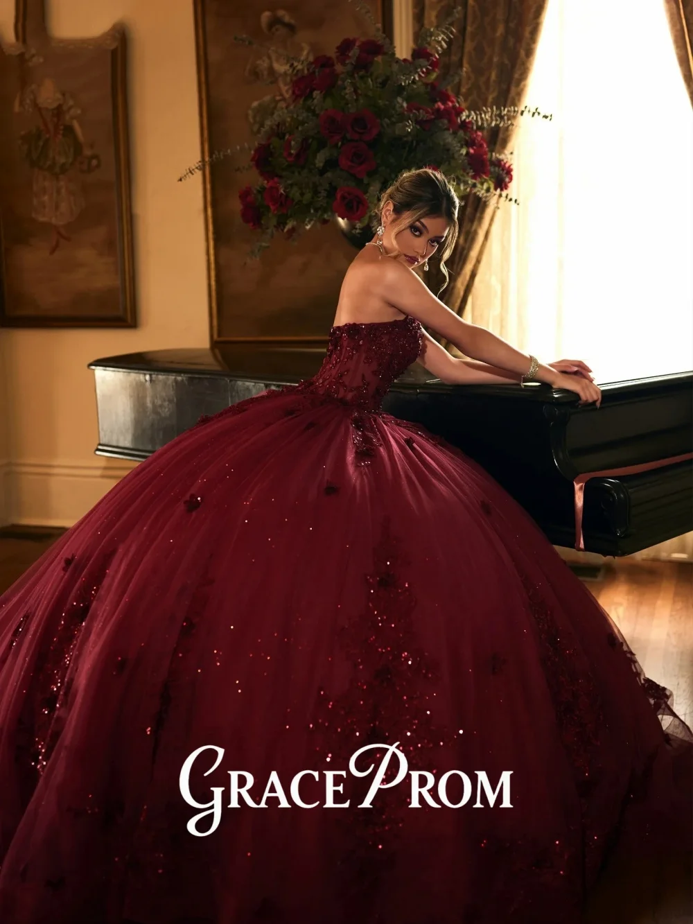 فستان GraceProm مشع بورجوندي تول بدون حمالات Quinceanera فستان رسمي مزين بالترتر فستان عيد ميلاد فستان حفلة فخم
