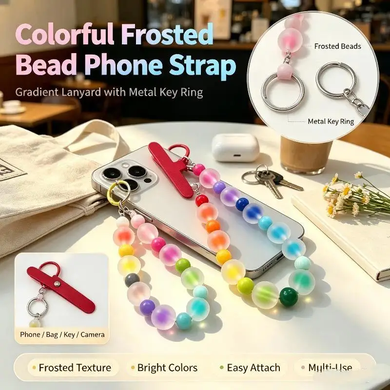 Rainbow Frosted Jelly Bead Phone Lanyard Double Clasp Anti-Lost Wrist Strap for Outdoor Travel Daily Use