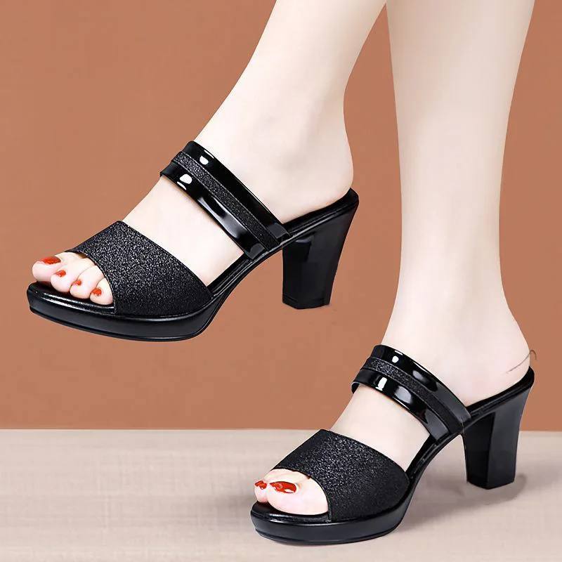 Trendy Fashion Women's Slippers PVC 7 cm High Heel Fish Mouth Ladies Shoes Casual Non-slip Platform Slides Birthday Gifts