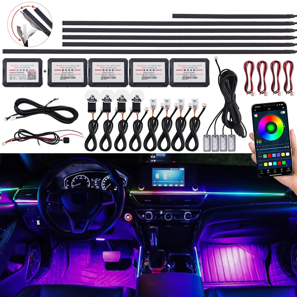 18 in 1 LED Symphony Car Ambient Light Black Hidden Interior LED Acrylic Decoration Strips 64 Color RGB Atmosphere Lighting Kit