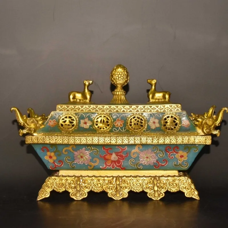 Tibetan Gilt Cloisonne Incense Burner Enamel Censer Statue Floral Hollow Ornament Buddhist Tabletop Sculpture Home Decor