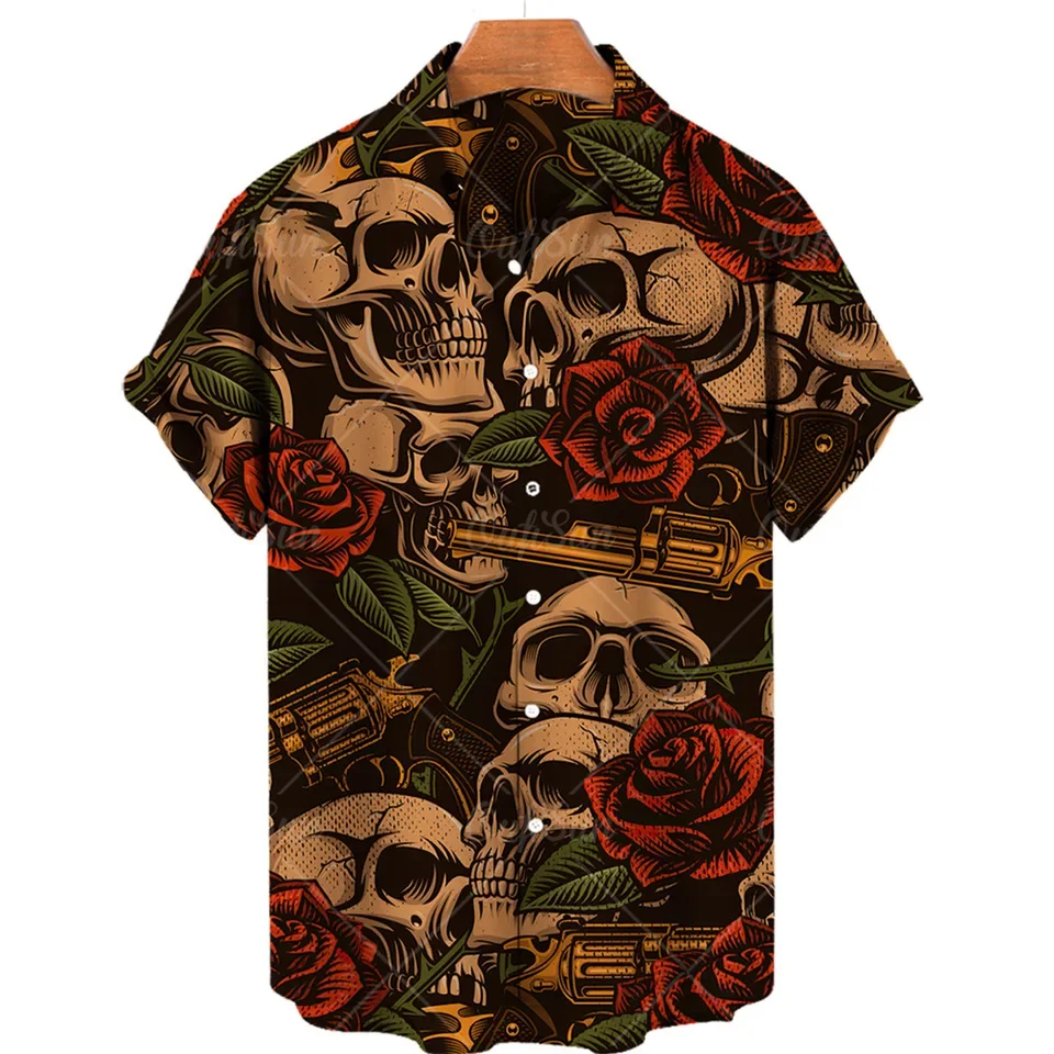 American Men's Casual Trendy Short Sleeve Turn-down Collar Printed Loose Shirts Male Single-breasted Clothes Tops for Beaches