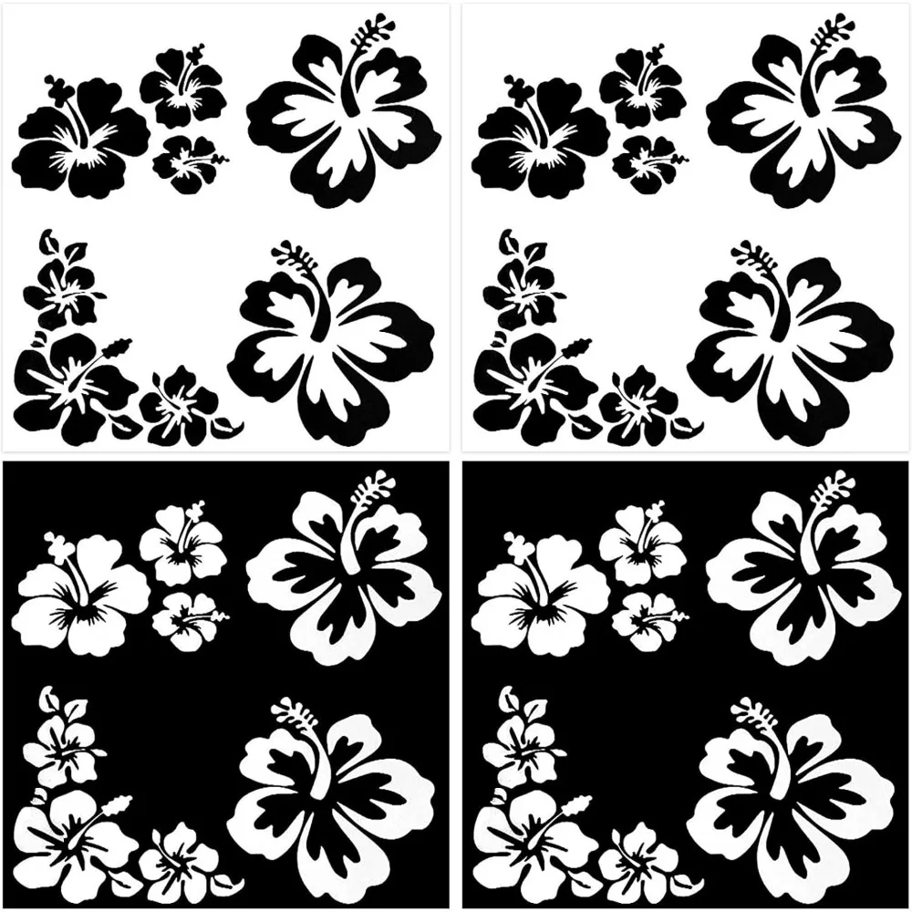 2 Color 4 Sheets Hibiscus Flower Car Sticker Hawaiian Stickers and Decals White Black Reflective Stickers Waterproof Vinyl