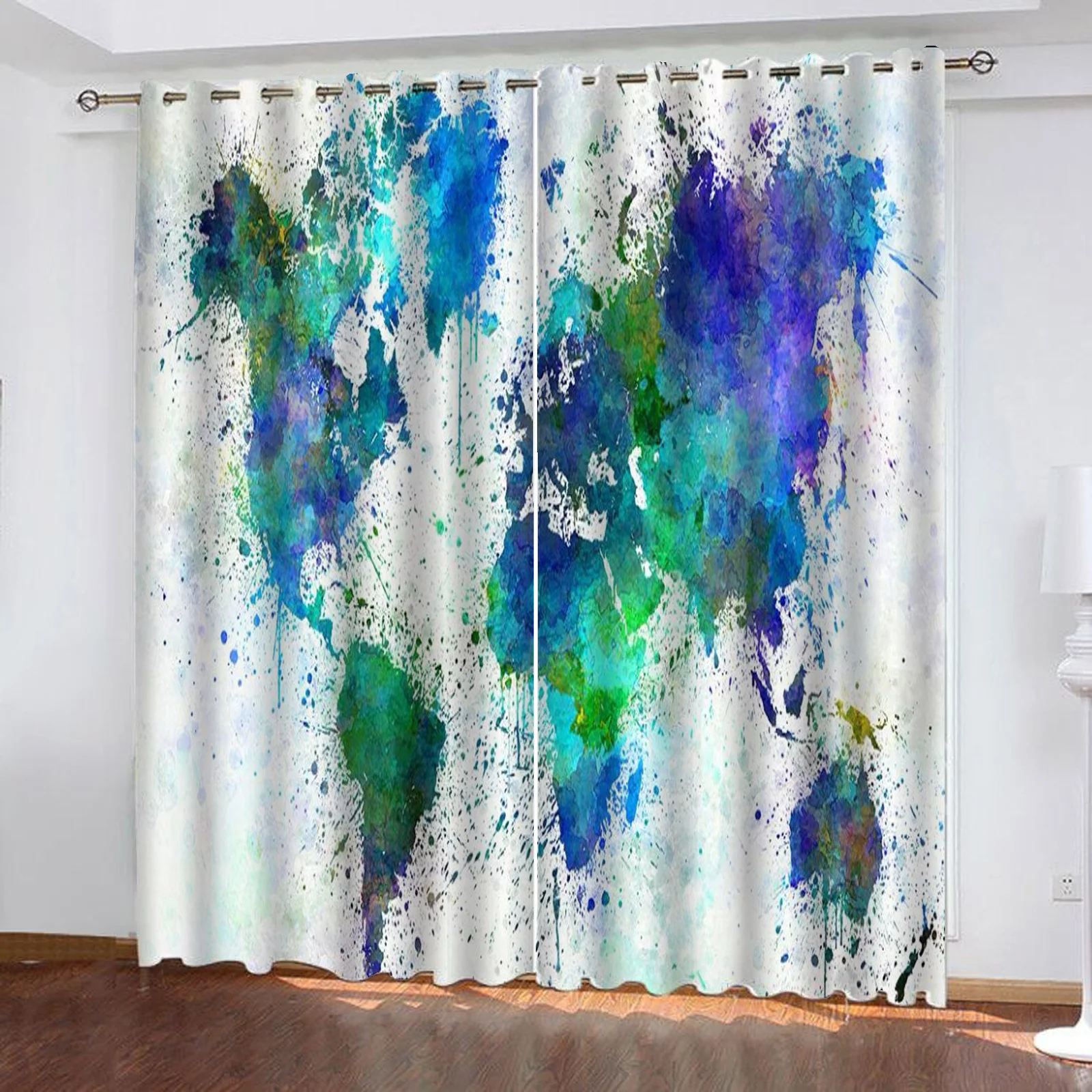 Cartoon World Map Print Polyester Curtain Light Shading Sun Protection Window Curtain For Living Room Home Decoration