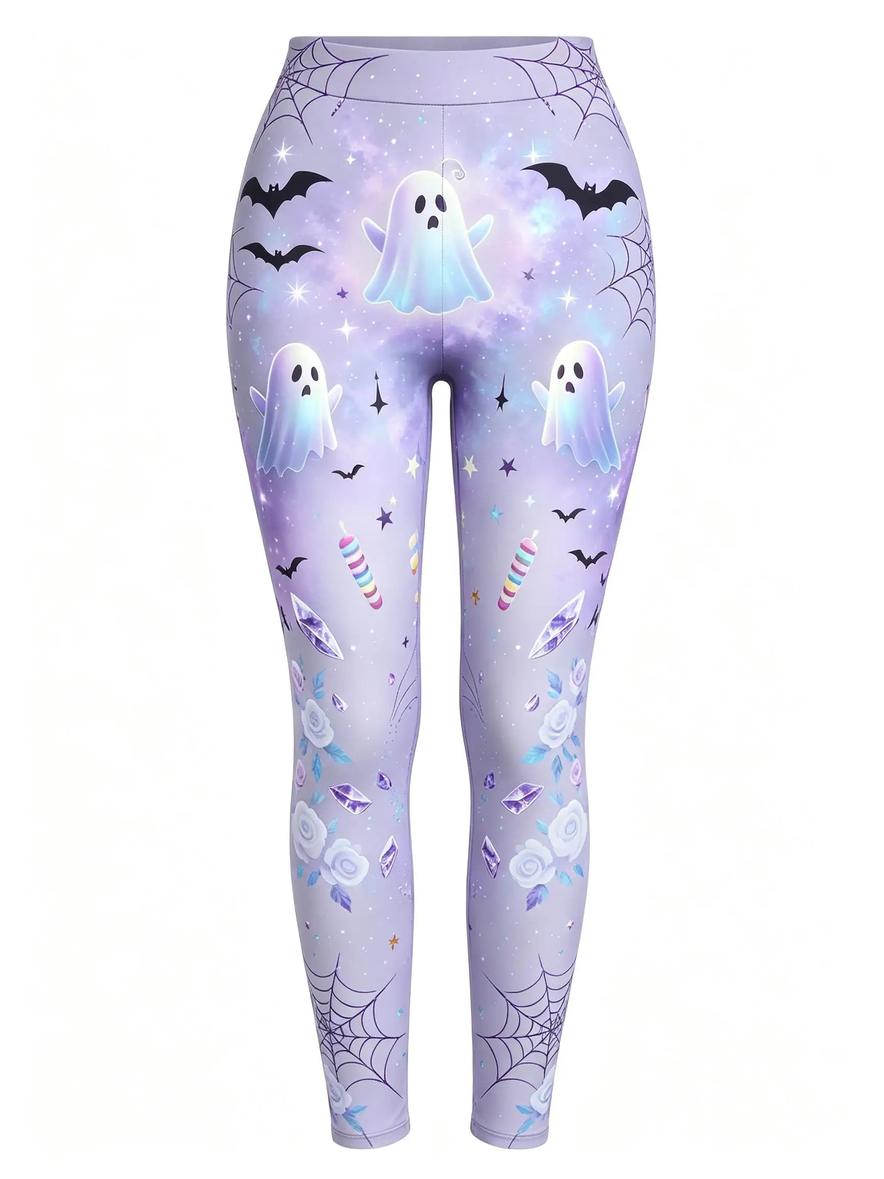 Women Mid Waist Fleece Lined Leggings Halloween Pumpkin Ghost Castle Print Slim Fit Stretch Pants Party Cosplay Trousers
