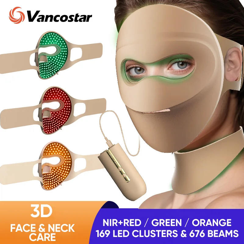 Máscara Facial LED Infrarroja de Última Generación para el Cuidado del Cuello, 3 Colores, Terapia de Luz Roja LED, Cuidado Facial con LED Verde, Dispositivos de Belleza 3D para el Hogar